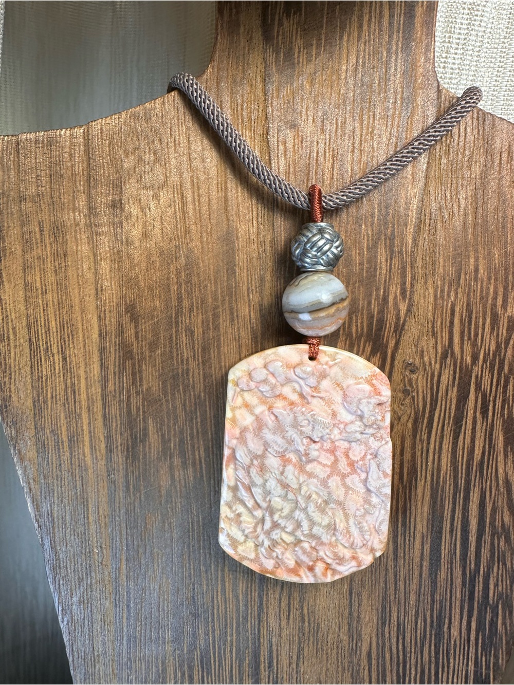 Coral Fossil Tiger Pendant Necklace on Light Brown Adjustable Rope - Picture 8 of 16